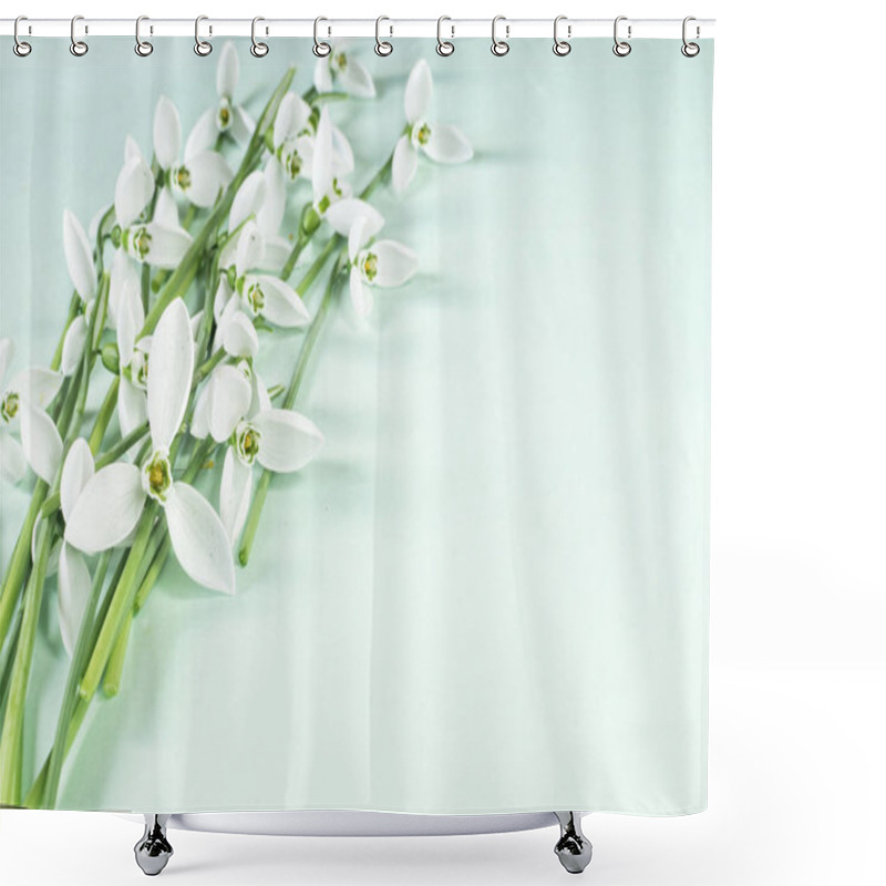 Personality  Fresh Snowdrops On Blue Background With Place For Text. Shower Curtains