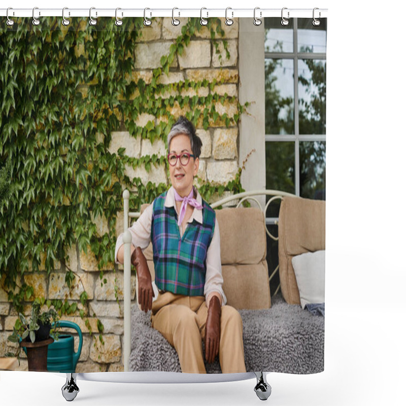 Personality  Attractive Joyous Mature Woman Sitting On Sofa Near Her House In England And Looking At Camera Shower Curtains