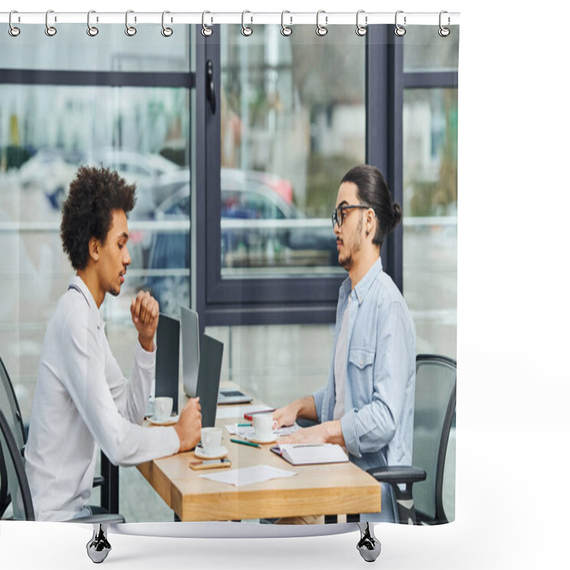 Personality  Two Men Engaged In A Lively Conversation At An Office Table. Shower Curtains