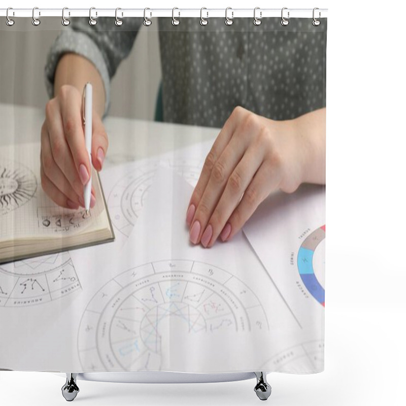 Personality  Astrologer Using Zodiac Wheel For Fate Forecast At Table, Closeup. Fortune Telling Shower Curtains