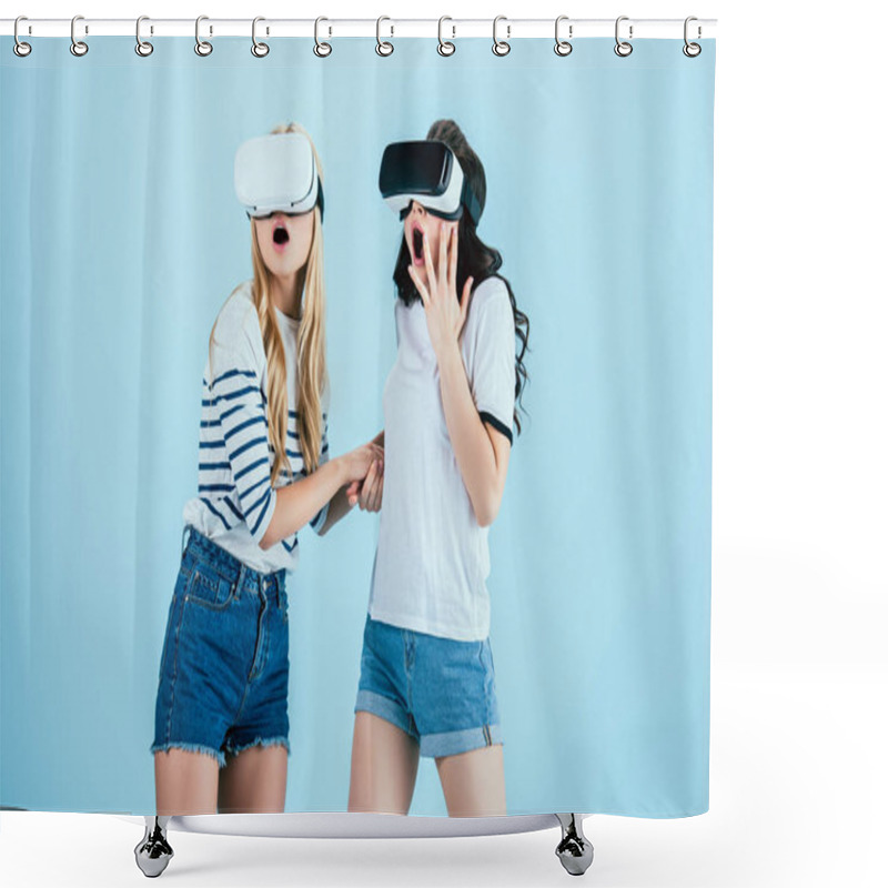 Personality  Shocked Girls Using Virtual Reality Headsets On Blue Background Shower Curtains