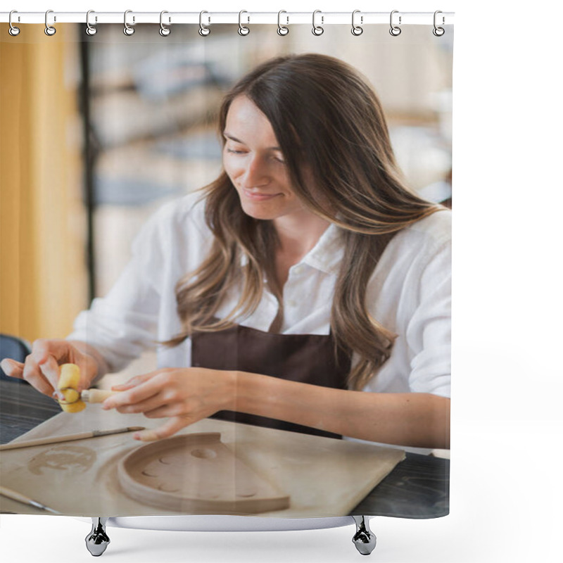 Personality  Woman Working With Clay With Her Hands And Loop Cutting Tool Close Up At A Pottery Workshop. Shower Curtains