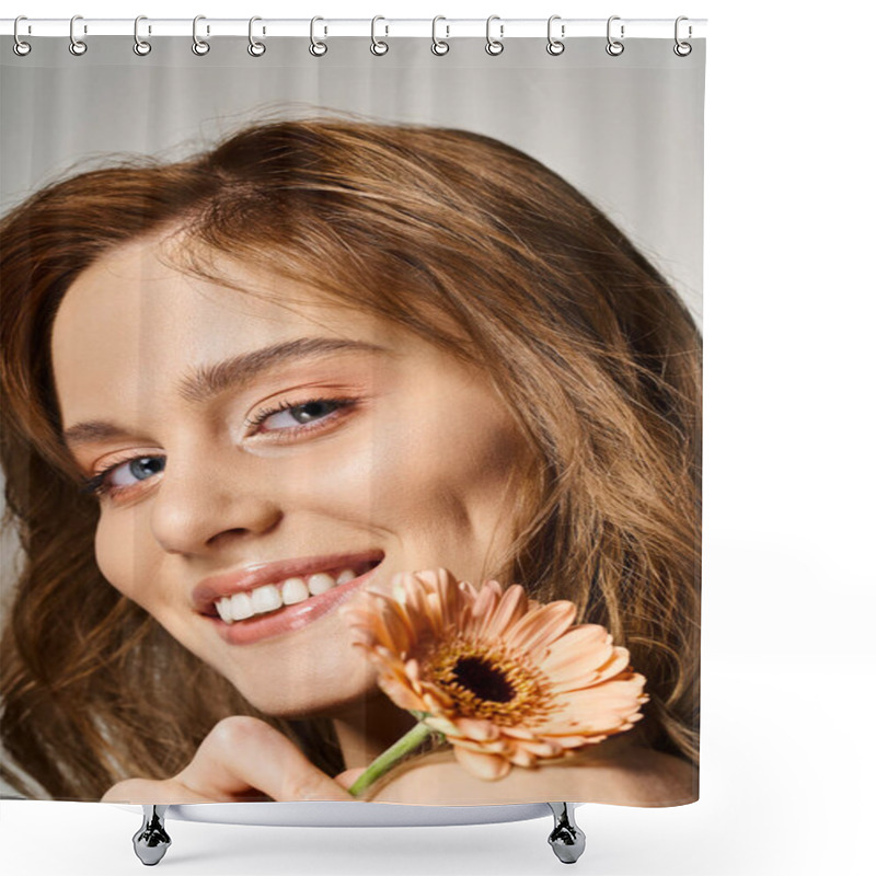 Personality  Closeup Beauty Shot Of Smiling Woman With Peach Makeup And Gerbera Daisy On Grey Background Shower Curtains