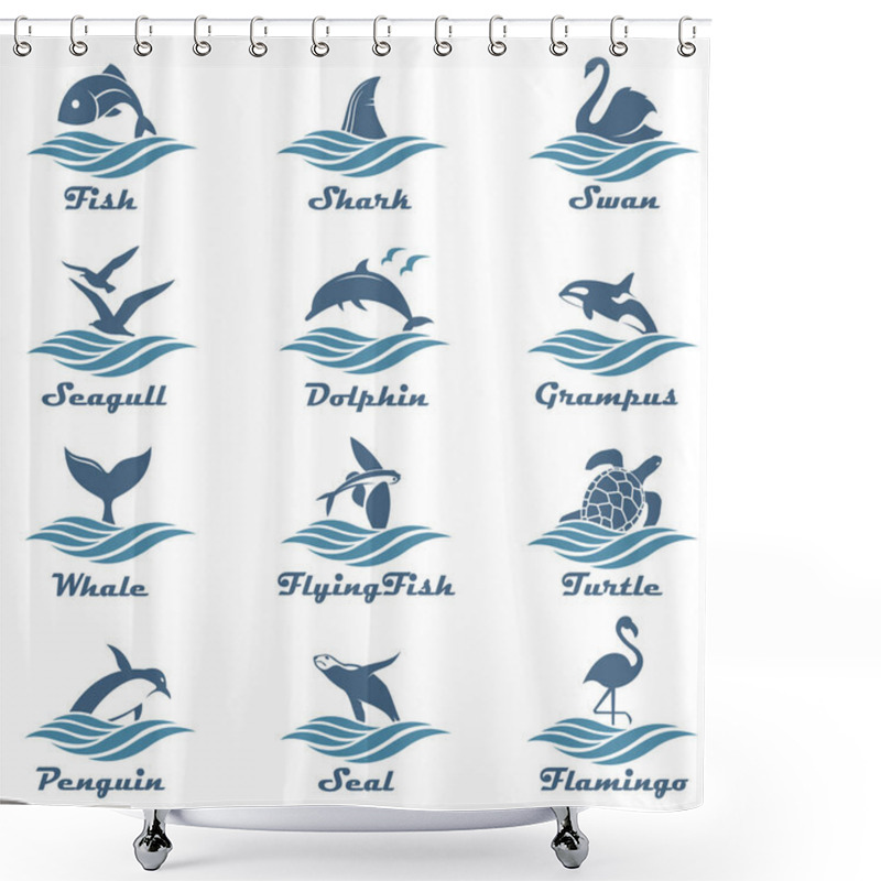 Personality  Icon Collection Of Aquatic Animals With Sea Waves Isolated On White Background Shower Curtains