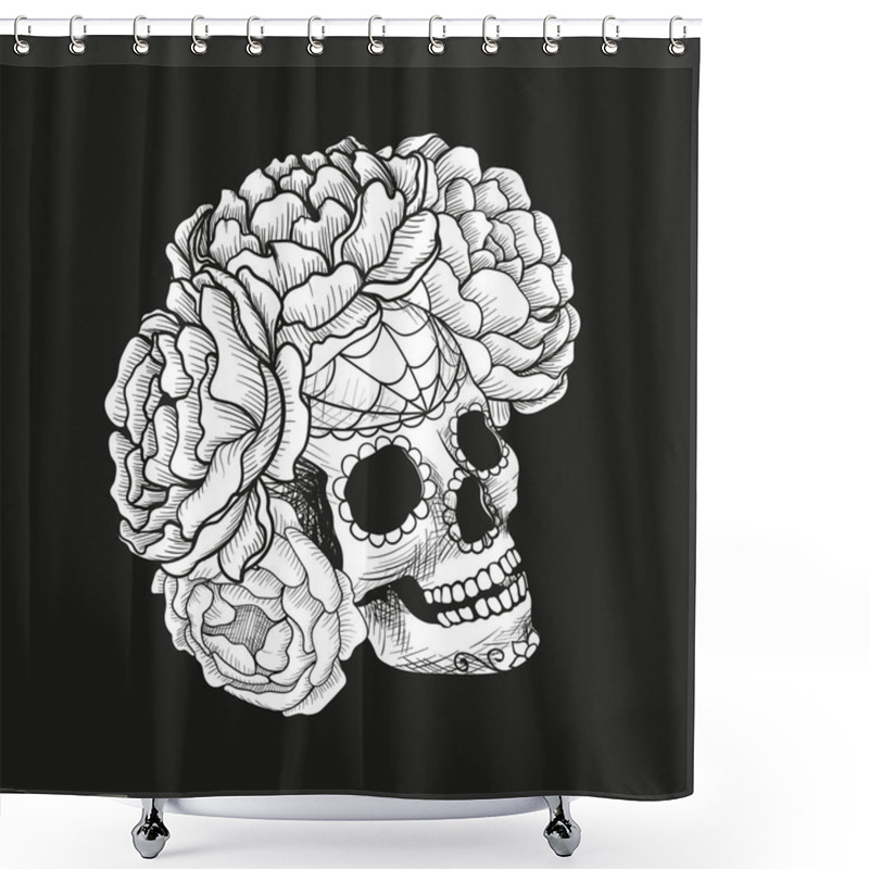 Personality  Black And White Sketch Skull In Peony Flowers. Shower Curtains