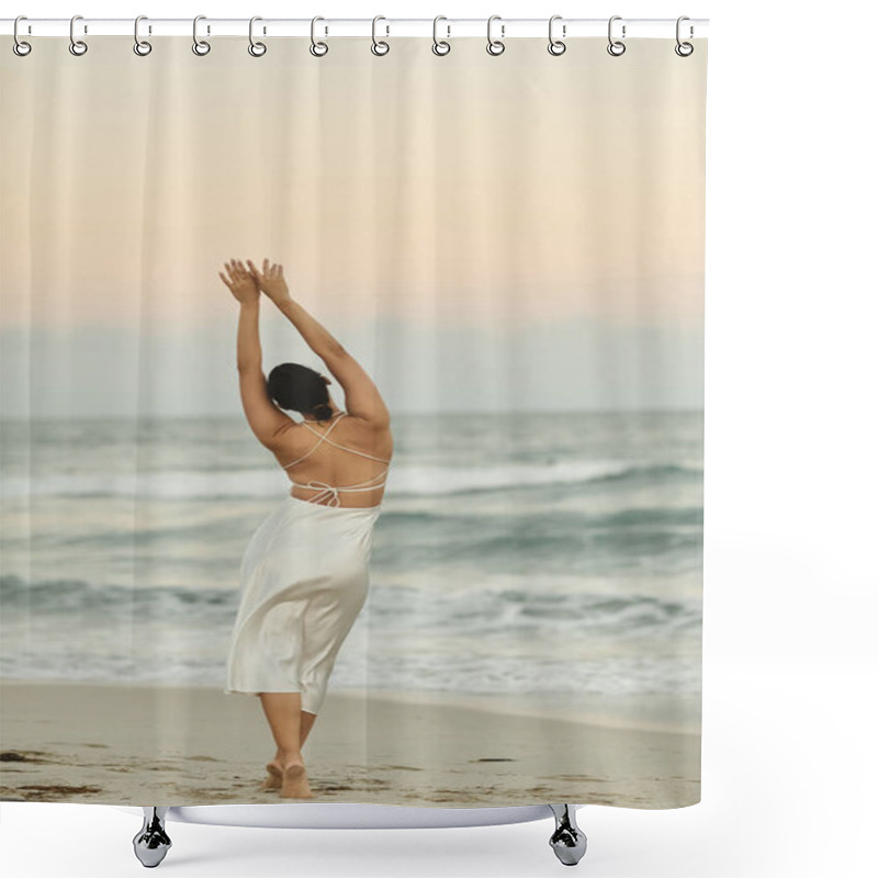 Personality  A Young Woman In A White Dress Stands On A Sandy Miami Beach, Arms Outstretched, Enjoying The Cool Evening Breeze. Shower Curtains