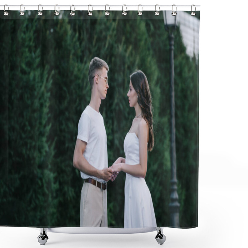 Personality  Beautiful Wedding Couple Holding Hands And Looking At Each Other Shower Curtains