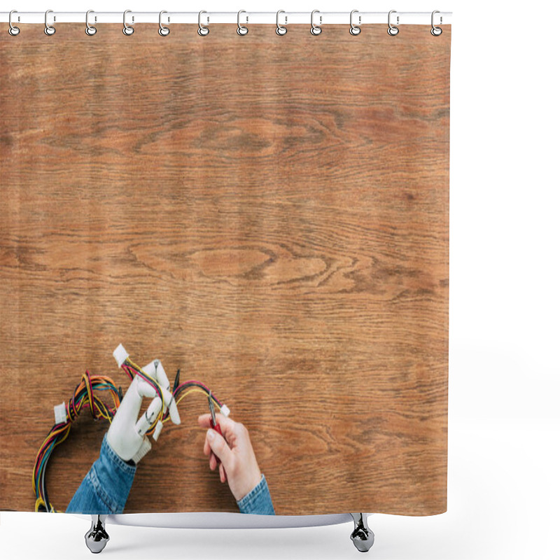 Personality  Cropped Image Of Man With Prosthetic Arm Cutting Wires By Nippers At Wooden Table Shower Curtains