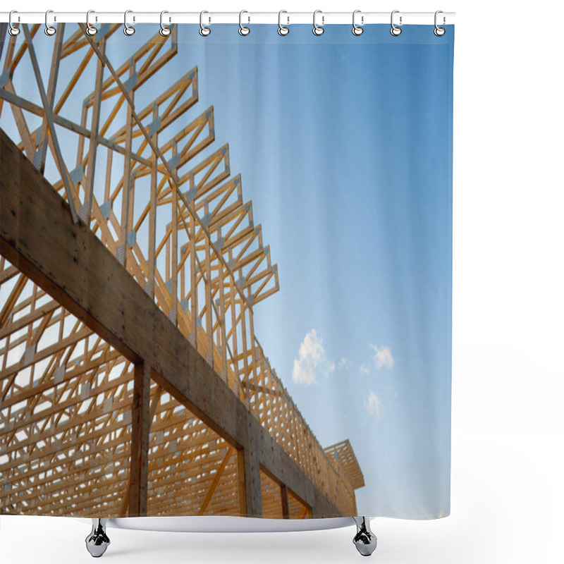 Personality  A House Under Construction Featuring Wooden Framing And Roof Trusses Against A Clear Blue Sky, Showcasing Structural Design And Modern Building Techniques. Shower Curtains