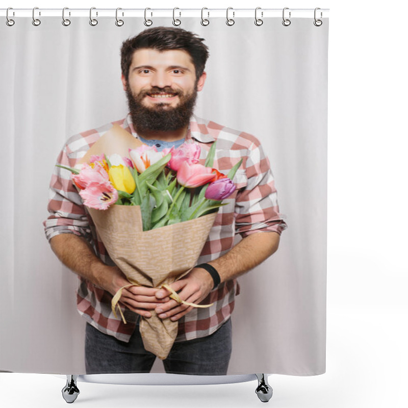 Personality  Handsome Young Man With Beard  And Nice Bouquet Of Flowers Against White Background Shower Curtains