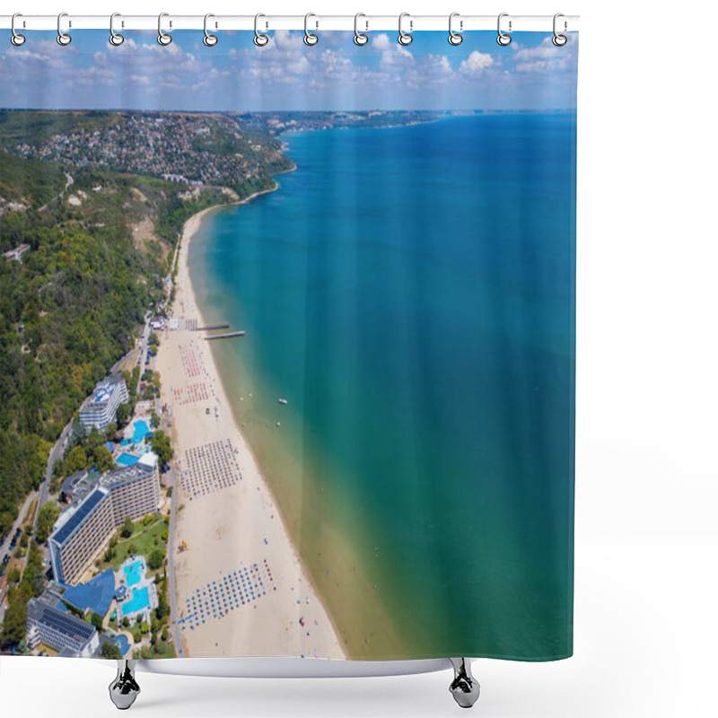 Personality  Drone Video Of A Sprawling Beach With Rows Of Umbrellas, Sunbathers, And Water Activities. The Aerial View Captures The Vibrant Atmosphere Of A Summer Day At The Seaside Resort. Albena, Bulgaria. Shower Curtains