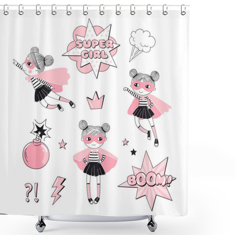 Personality  Cartoon Supergirl Characters And Elements Set. Shower Curtains