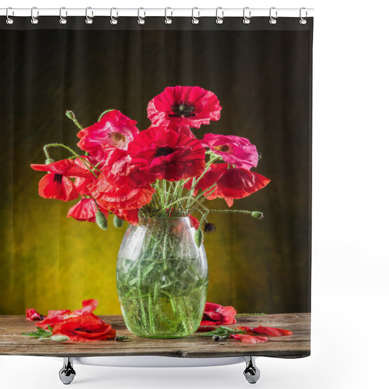 Personality  Bouquet Of Poppy Flowers In The Vase On The Wooden Table. Shower Curtains