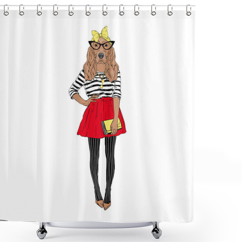 Personality  Humanized English Cocker Spaniel Breed Dog Dressed Up In Hipster Outfits. Shower Curtains