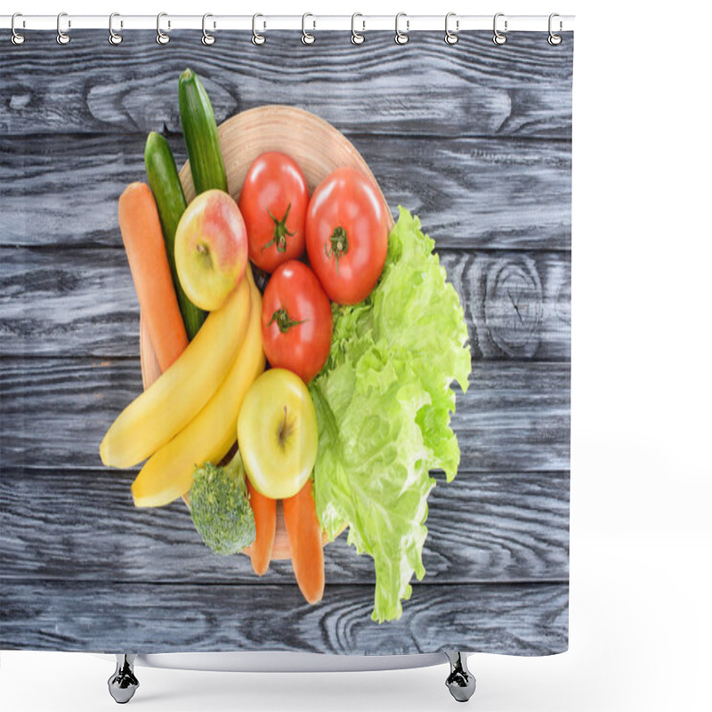 Personality  Top View Of Fresh Ripe Fruits And Vegetables On Plate On Wooden Table Shower Curtains