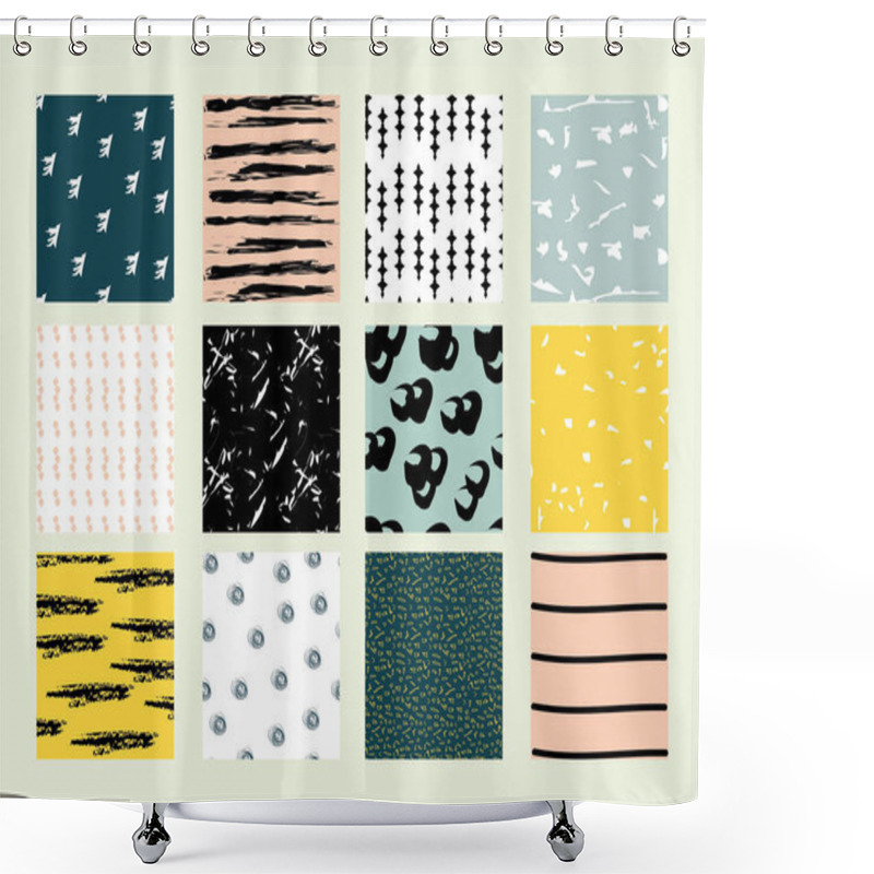 Personality  Set Of 12 Hand Drawn Trendy Patterns With Ink Brush Strokes. Collection Of Colorful Backgrounds Of Simple Primitive Scratchy Patterns, Waves, Dots, Stripes Shower Curtains