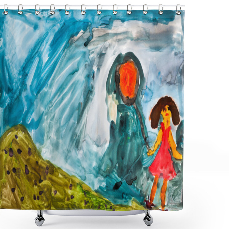 Personality  Children Drawing - Girl With Orange Balloon Shower Curtains