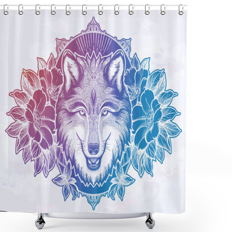 Personality  Portrait Of A Wolf On A Background Of Mountain Landscape.Dreamy Magic Art. Night, Nature, Wicca Symbol. Isolated Vector Illustration. Great Outdoors, Tattoo And T-shirt Design. Shower Curtains