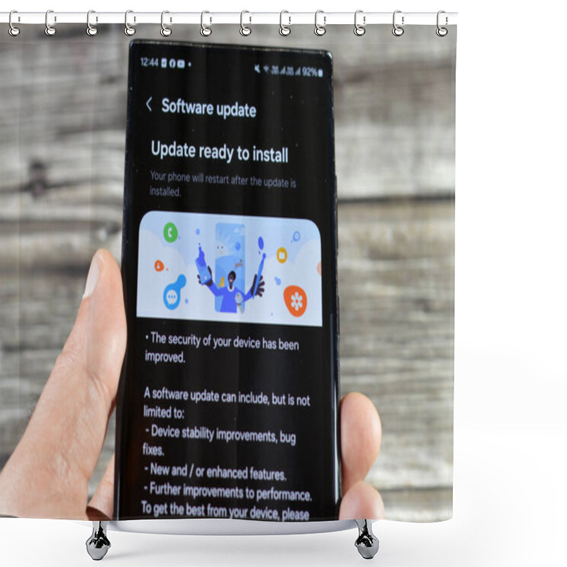Personality  Cairo, Egypt, October 4 2024: Samsung Software Update For Samsung Flagship Cellular Phones, Galaxy AI One UI Upgrade, With Device Stability Improvements, Bug Fixes, Enhanced Features, S23 Ultra Phone Shower Curtains