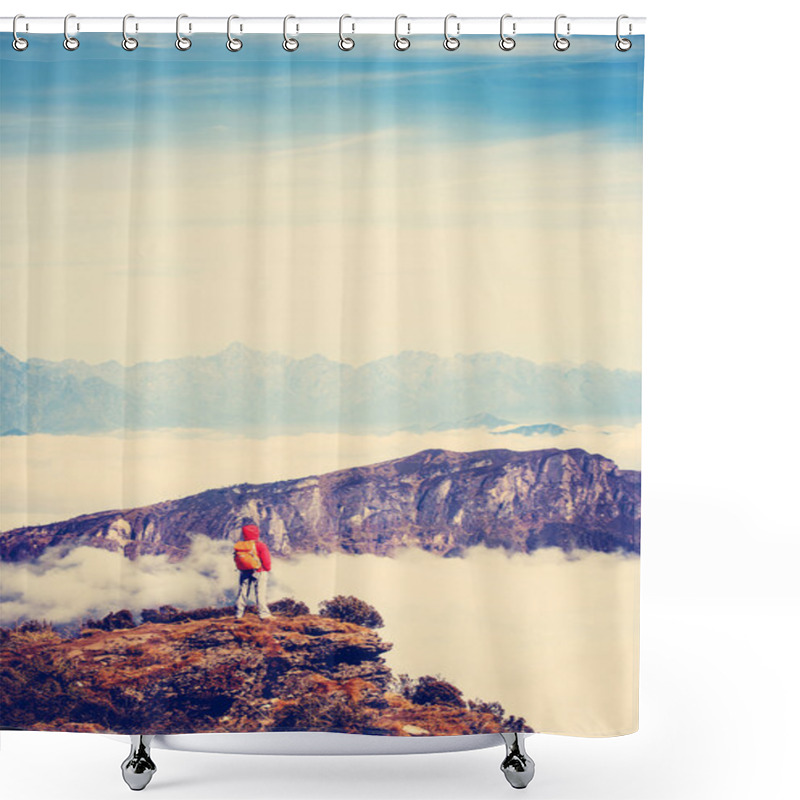 Personality  Woman Hiker On Mountain Peak Shower Curtains