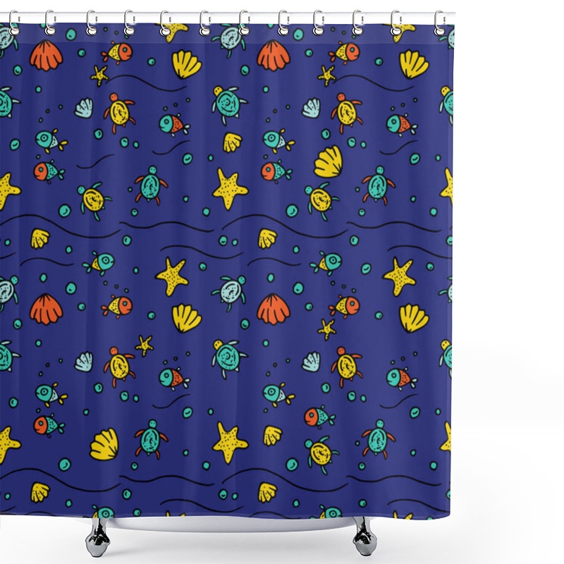 Personality  Vector Sea Seamless Pattern With Handdrawn Starfishes, Fishes, Shells, Sea Turtles. Shower Curtains