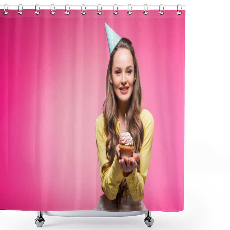 Personality  Attractive Woman With Party Hat Holding Cupcake With Candle Isolated On Pink Shower Curtains