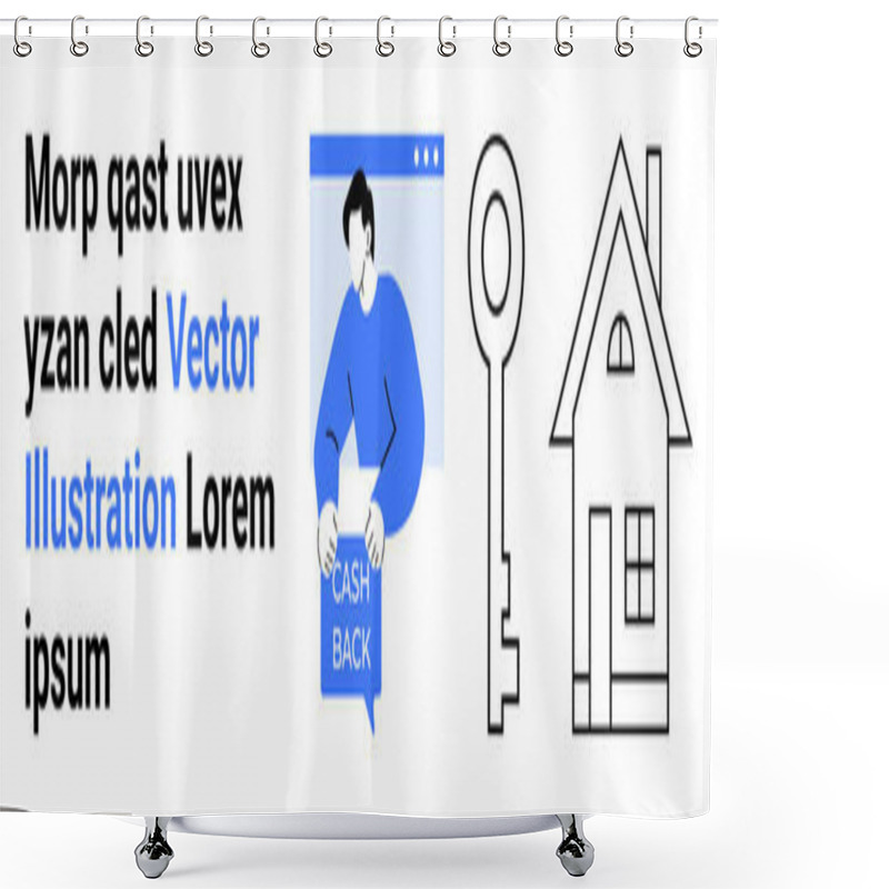 Personality  Person Holding Cash Back Sign, Key Icon, And House Drawing In Black And Blue Colors. Ideal For Financial Services, Real Estate, Savings Plans, Online Promotions, Loan Offers, Homeownership, Rewards Shower Curtains