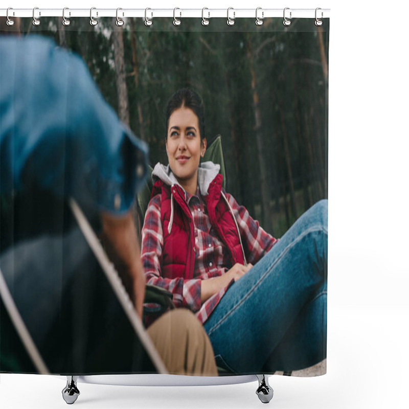 Personality  Partial View Of Man Playing Acoustic Guitar For Wife On Camping Shower Curtains