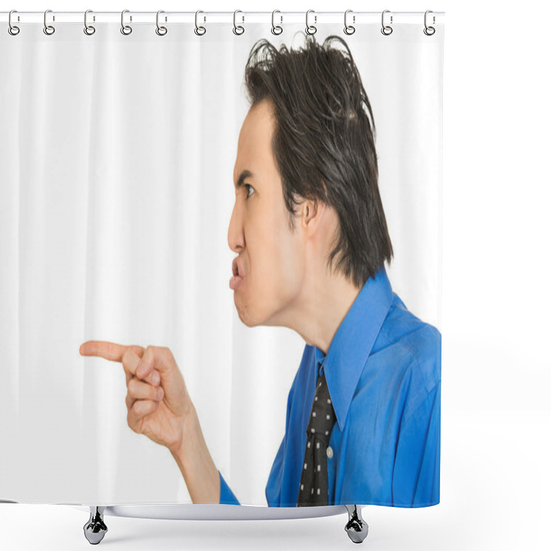 Personality  Portrait Headshot Angry Man Pointing Index Finger At Someone Shower Curtains