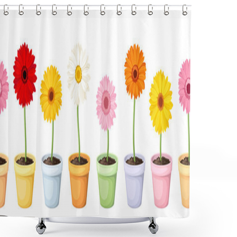 Personality  Gerbera In Pots. Vector Horizontal Seamless Background. Shower Curtains