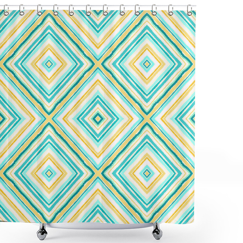 Personality  Striped Diagonal Rectangle Seamless Pattern. Square Rhombus Lines With Torn Paper Effect. Ethnic Background. Gray, Green, Blue, Rose Colors. Vector Shower Curtains