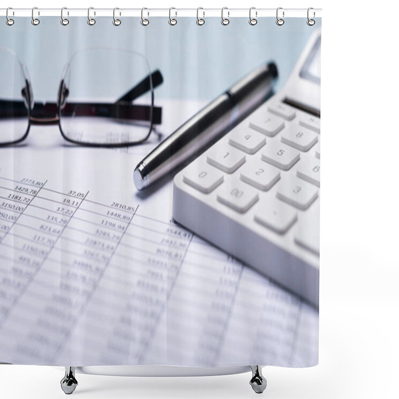 Personality  Business Financial Documents With Calculator. Accounting Concept. Shower Curtains