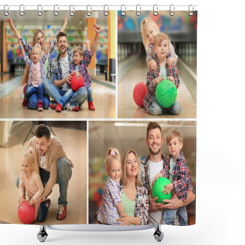 Personality  Collage Of Happy Family At Bowling Club Shower Curtains