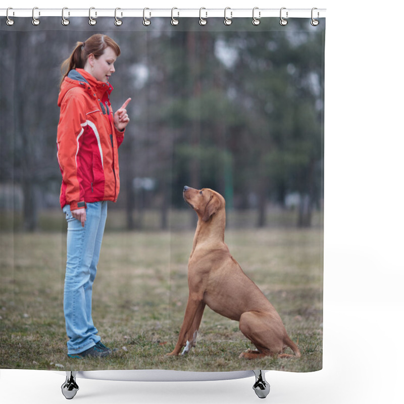 Personality  Master And Her Obedient (rhodesian Ridgeback) Dog Shower Curtains