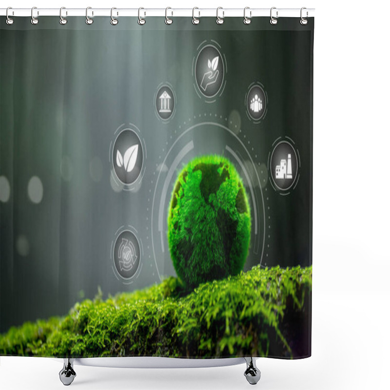 Personality  Protecting Globe Of Green Tree On Nature Background, Ecology And Environment. Green Earth ESG Icon For Environment Social And Governance, World Sustainable Environment Concept. Shower Curtains