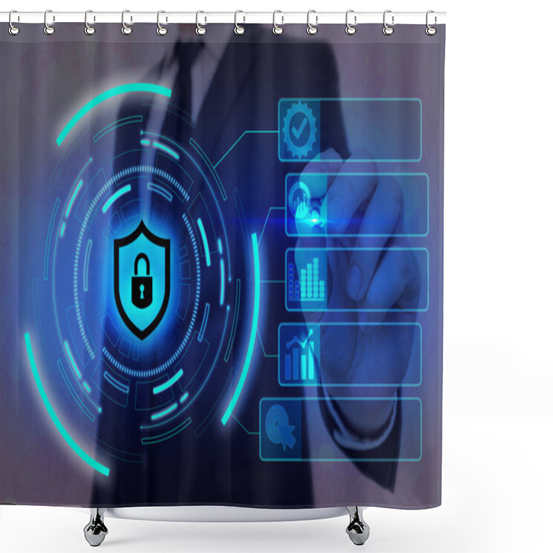 Personality  Graphics Of Latest Digital Technology Protection Data Padlock Security On The Virtual Display. Businessman With Lock To Secure. Shower Curtains