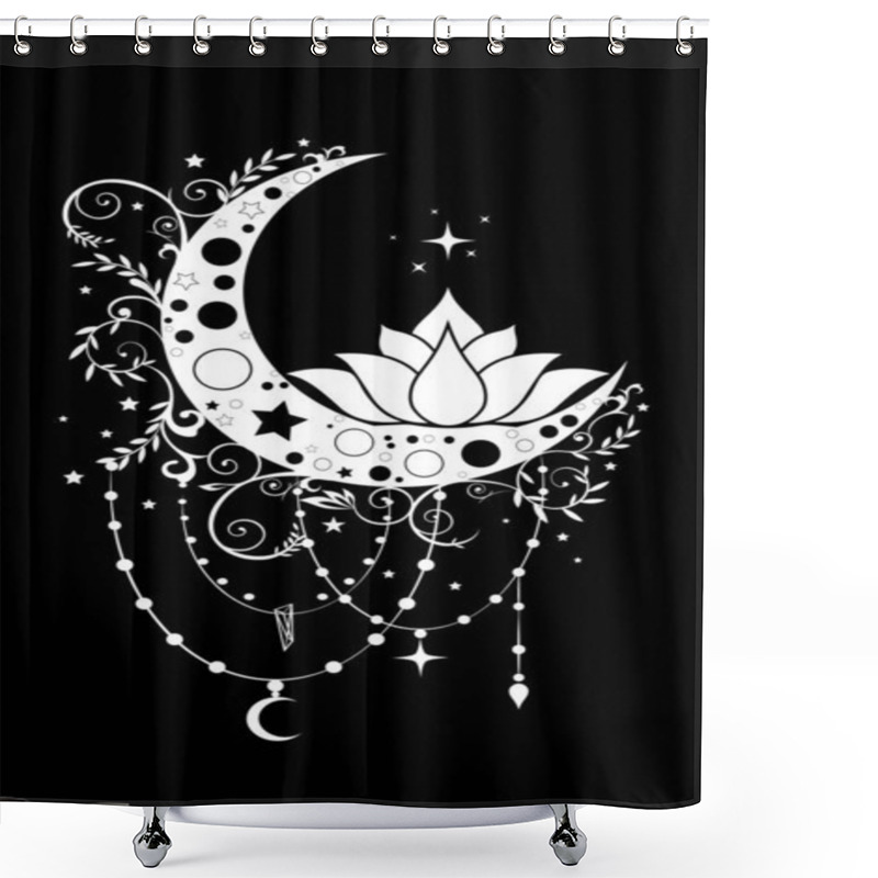 Personality  Mystical Crescent Moon And Sacred Lotus Flower In Boho Style Logo Design. Floral Magic Celestial Clipart Of Yoga, Spa, Beauty Salon, Cosmetics, Relax, Brand Name, Tattoo. Isolated On Black Background Shower Curtains