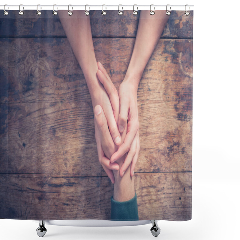 Personality  Man And Woman Holding Hands At A Table Shower Curtains