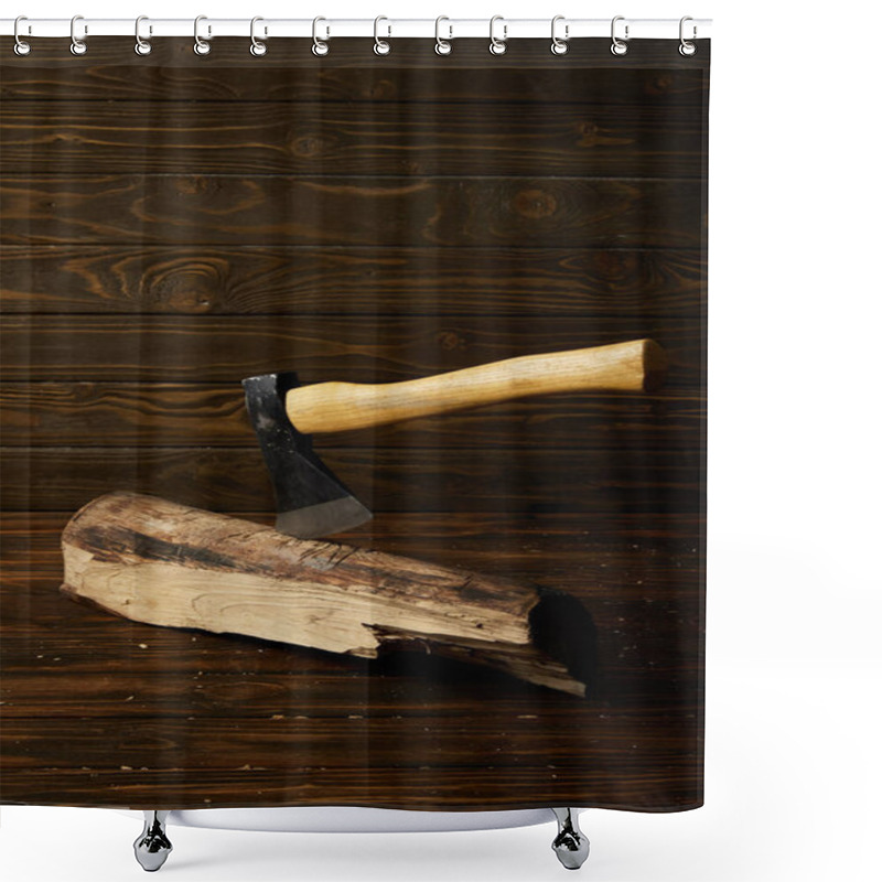 Personality  Close Up Shot Of Sticking Axe In Log On Brown Wooden Surface Shower Curtains