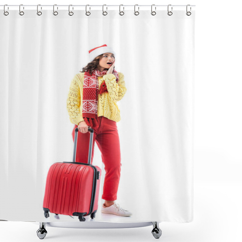 Personality  Shocked Young Woman In Santa Hat And Scarf With Ornament Standing With Travel Bag Isolated On White Shower Curtains