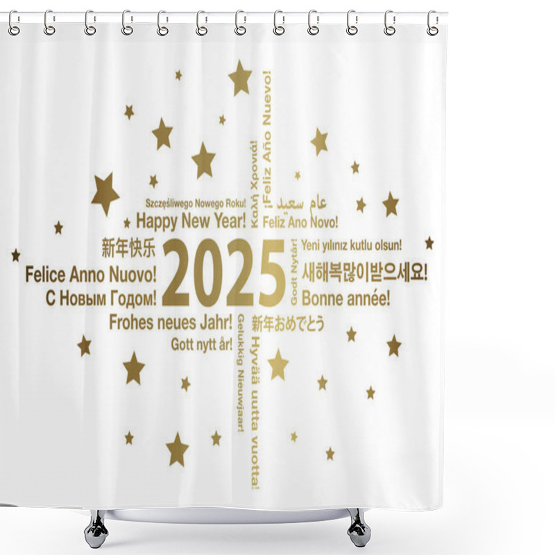 Personality  Happy New Year 2025 In Different Languages Word Cloud Greeting Card Concept, Vector Illustration Shower Curtains