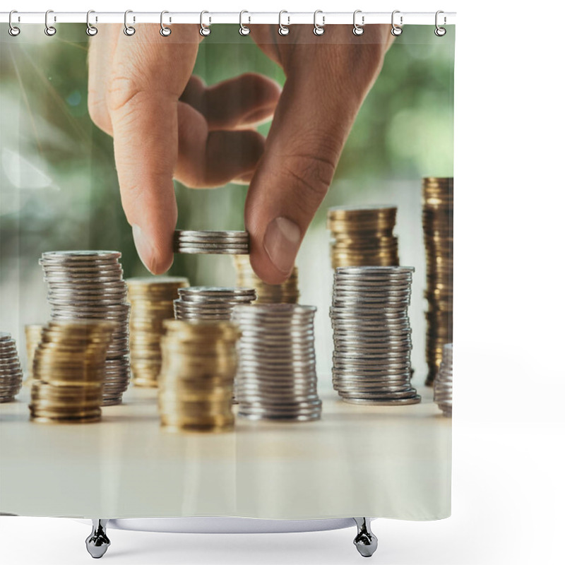 Personality  Cropped View Of Person Stacking Coins On Table On Blurred Green Background Shower Curtains