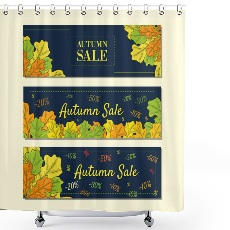 Personality  Vector Set Of Autumn Banners. Three Templates For Your Design. Various Bright Fall Leaves And Hand-lettering. There Are Places For Your Text On White Area. Shower Curtains