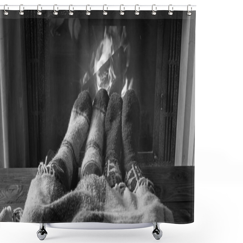 Personality  Black And White Image Of Feet In Warm Wool Socks Lying Under Bla Shower Curtains