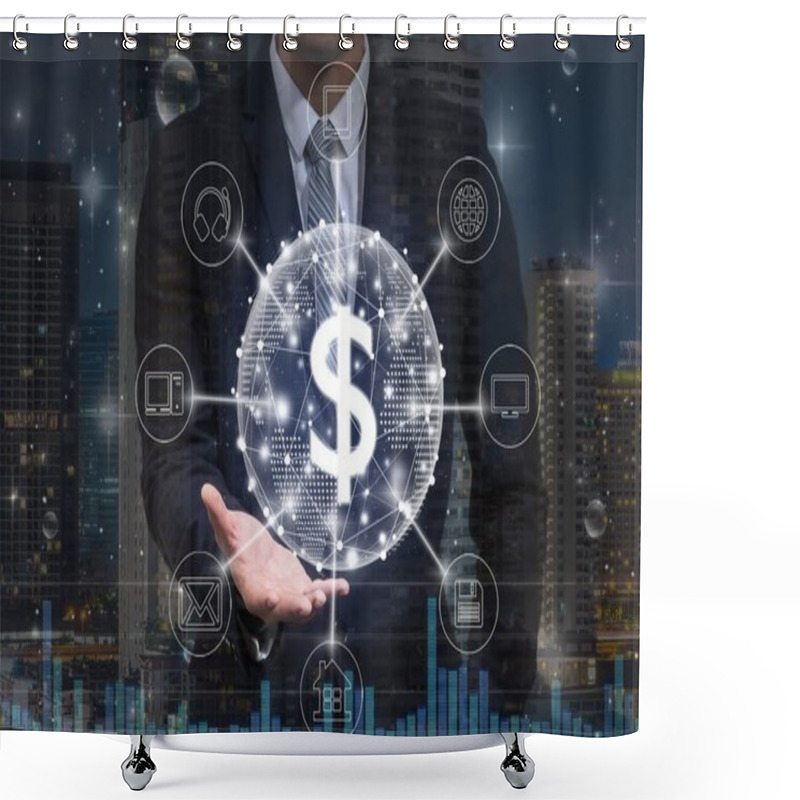 Personality  Businessman Hand Holding The Dollar Currency Text Financial Technology Or FINTECH Connection With Omni Channel Over The Modern Building Background, Showing The Cryptocurrency Or Digital Money Shower Curtains