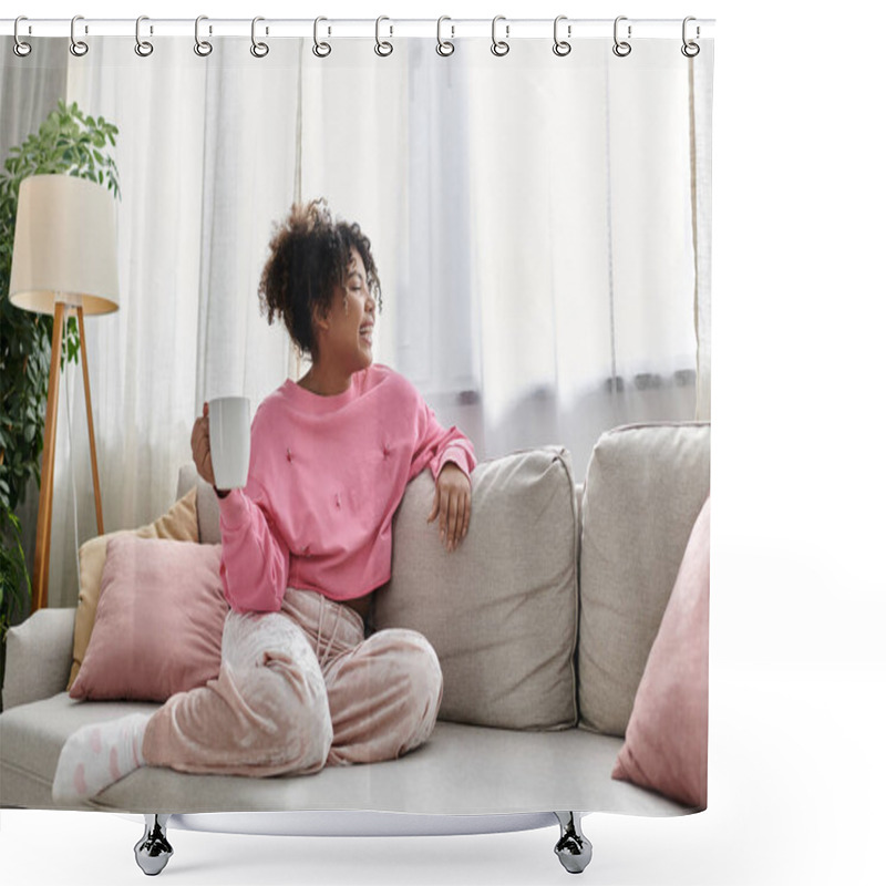 Personality  A Woman Enjoys Her Time At Home With A Warm Cup In Hand, Embracing Comfort And Tranquility. Shower Curtains