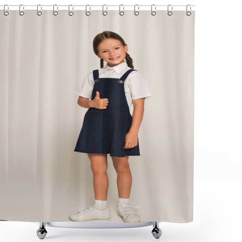 Personality  Cheerful Girl In School Uniform Showing Thumb Up On Grey Shower Curtains