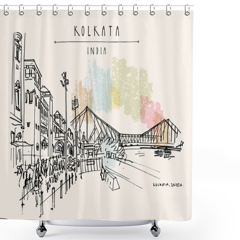 Personality  Kolkata, India. The British-era Howrah Junction Railway Station And Howrah Bridge Across Hooghly (Hugli, Hoogli) River. Heritage Colonial Architecture. Famous Historical Landmarks. Vector Hand Drawn Travel Postcard Shower Curtains