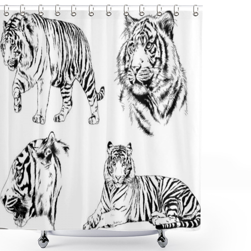 Personality  Set Of Vector Drawings On The Theme Of Predators Tigers Are Drawn By Hand With Ink Tattoo Logos Shower Curtains