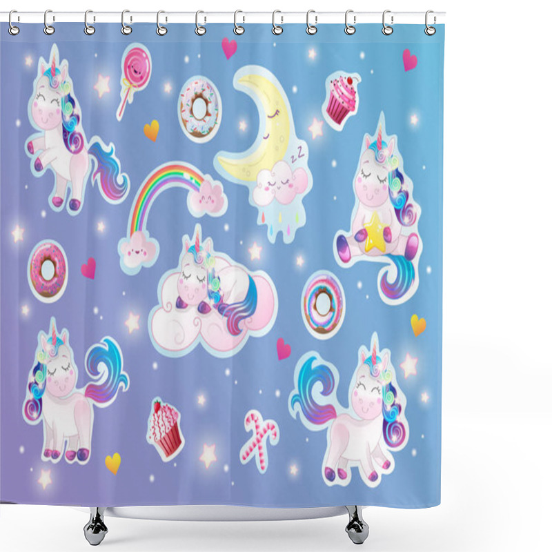 Personality  Cute Magical Rainbow Unicorn With Sweets And Clouds Vector Set. Isolated Cartoon Sticker Pack. Shower Curtains